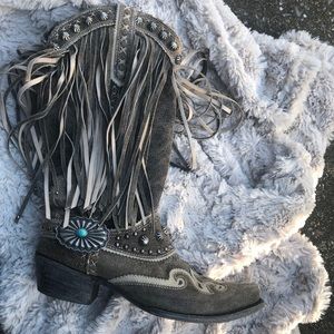 Double D Ranch Black and Gray Fringe Heeled Boots